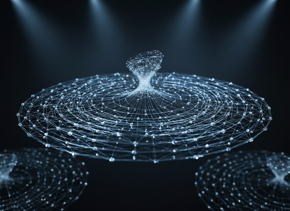 A vast, circular lattice of luminous threads suspended in a dark, indistinct space, representing an AI knowledge system. Each thread is a thin, glass-like filament in subtle blues and silvers, intersecting at crystalline nodes that glow softly where ideas connect. In the center, a small cluster of threads rises above the rest, gently twisting upward to suggest an “above the line” shift in perspective. Cool, focused spot lighting from above creates crisp highlights on the filaments and deep, clean shadows behind, evoking clarity and precision. Photographic realism with a shallow depth of field keeps the central uplifted cluster in sharp focus, while distant connections blur into a calm, meditative bokeh, conveying insight and professional confidence.